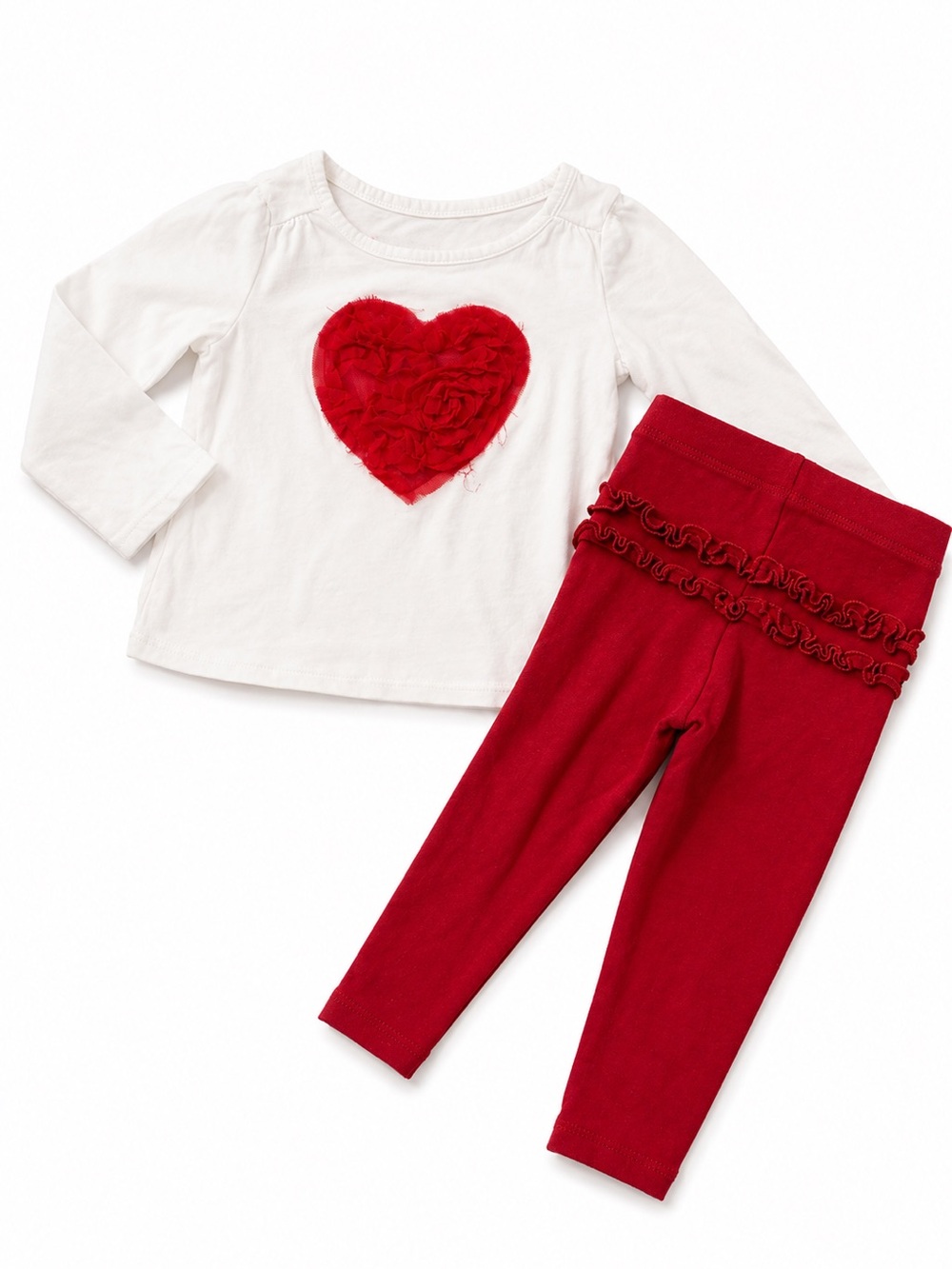 Childres place 18/24 White Long-Sleeve Top & Red Ruffle Leggings Set - Red Heart